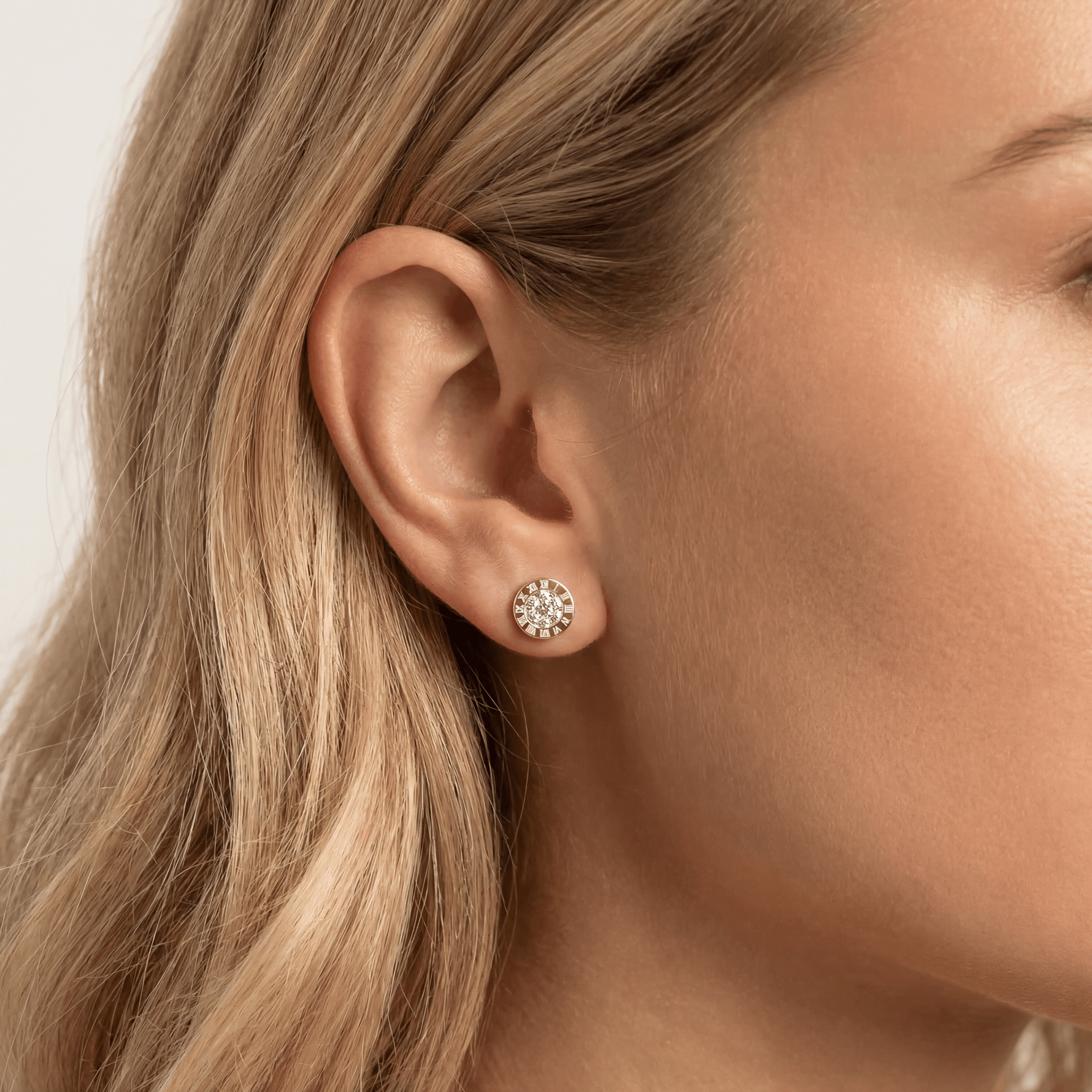 Roman Numeral Disc Stud Earrings with Pavé Lab - Grown Diamond in Sterling Silver - Earrings