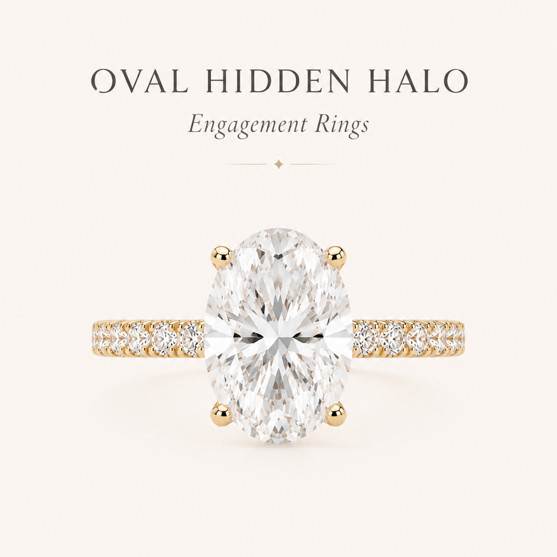Oval hidden halo engagement ring with an oval diamond viewed from above on a minimalist cream background.