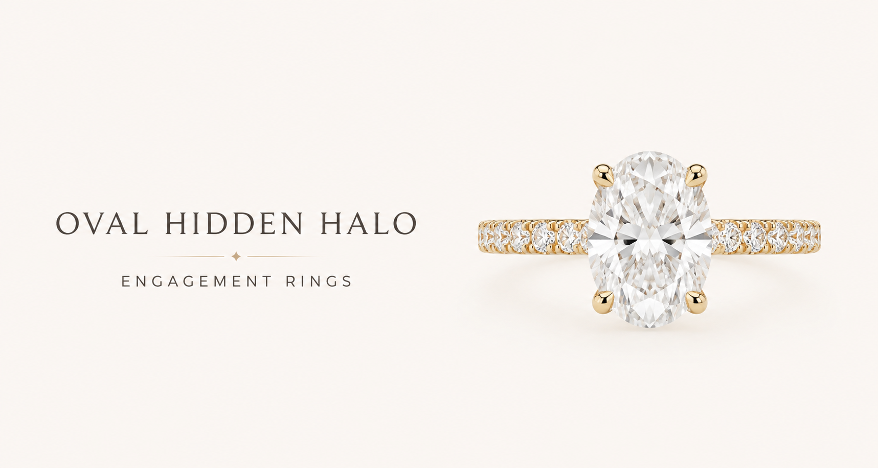 Oval hidden halo engagement ring featuring an oval center diamond and pavé band photographed against a clean cream background.