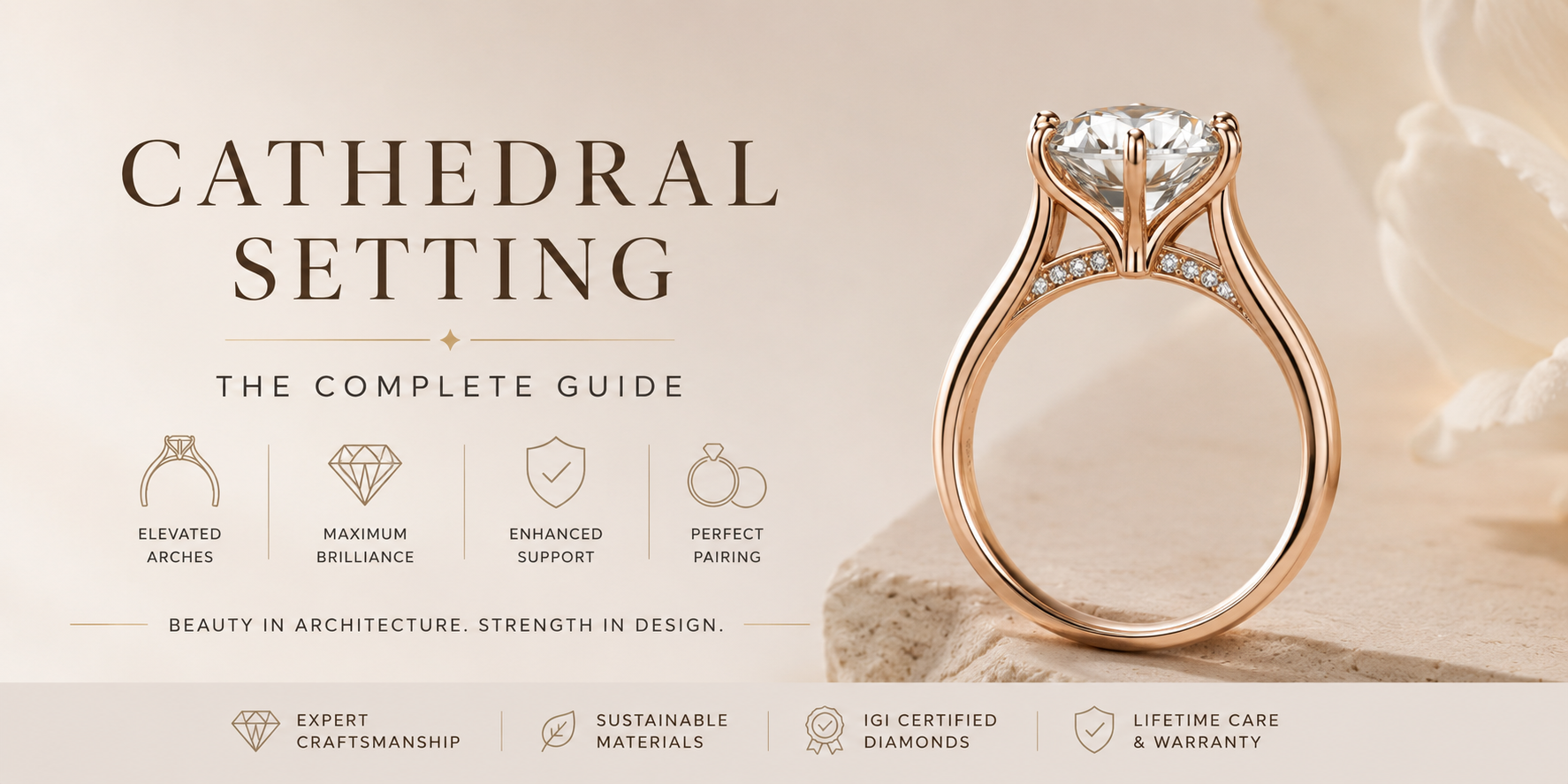 Close-up view of a cathedral engagement ring in a minimal, elegant studio setting, highlighting the raised prongs and diamond center.