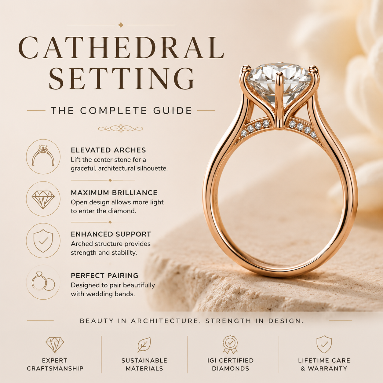 Rose gold cathedral setting ring with text on a beige background
