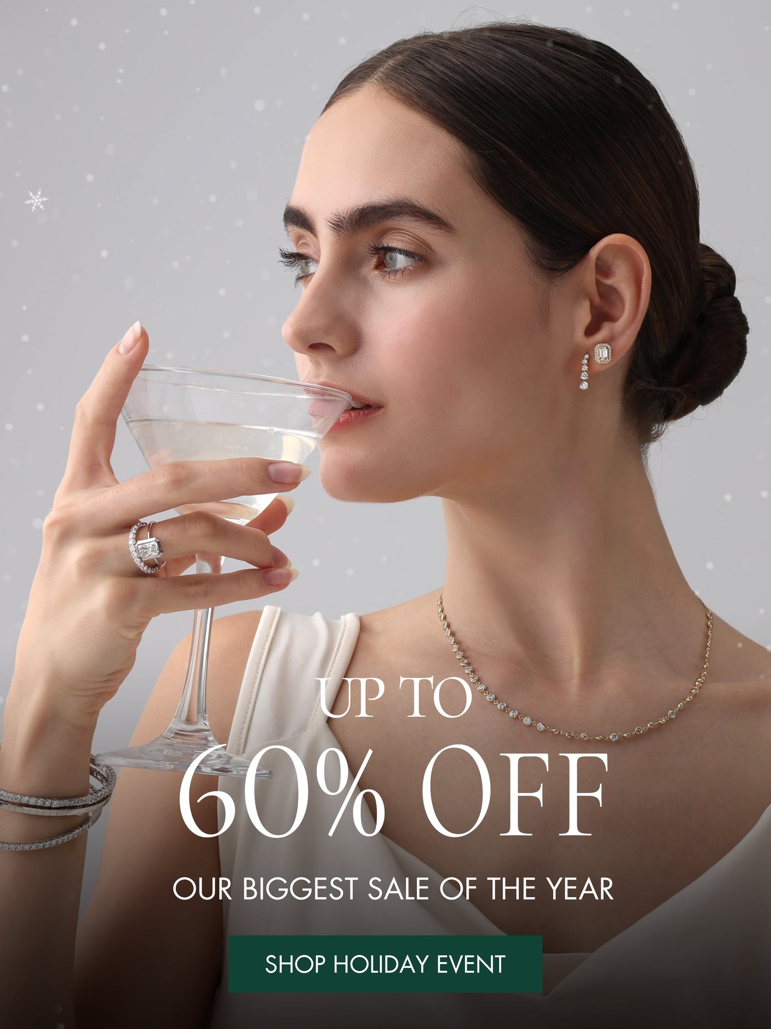 Woman holding a glass of wine with jewelry, promotional text overlay for a sale event.