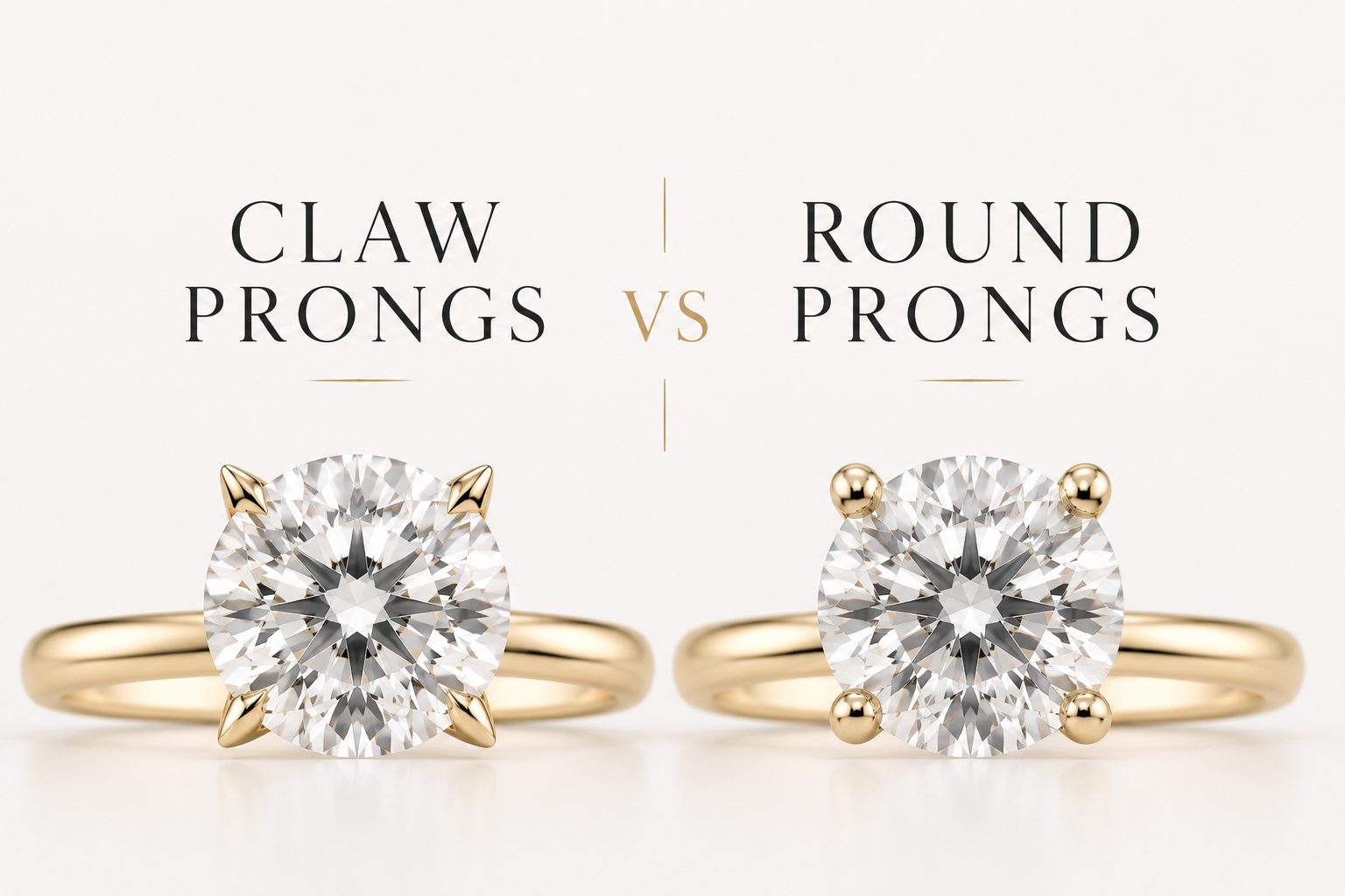 Side-by-side comparison of claw prongs and round prongs on round diamond engagement rings, showing the visual differences between pointed claw tips and rounded bead-style prongs.