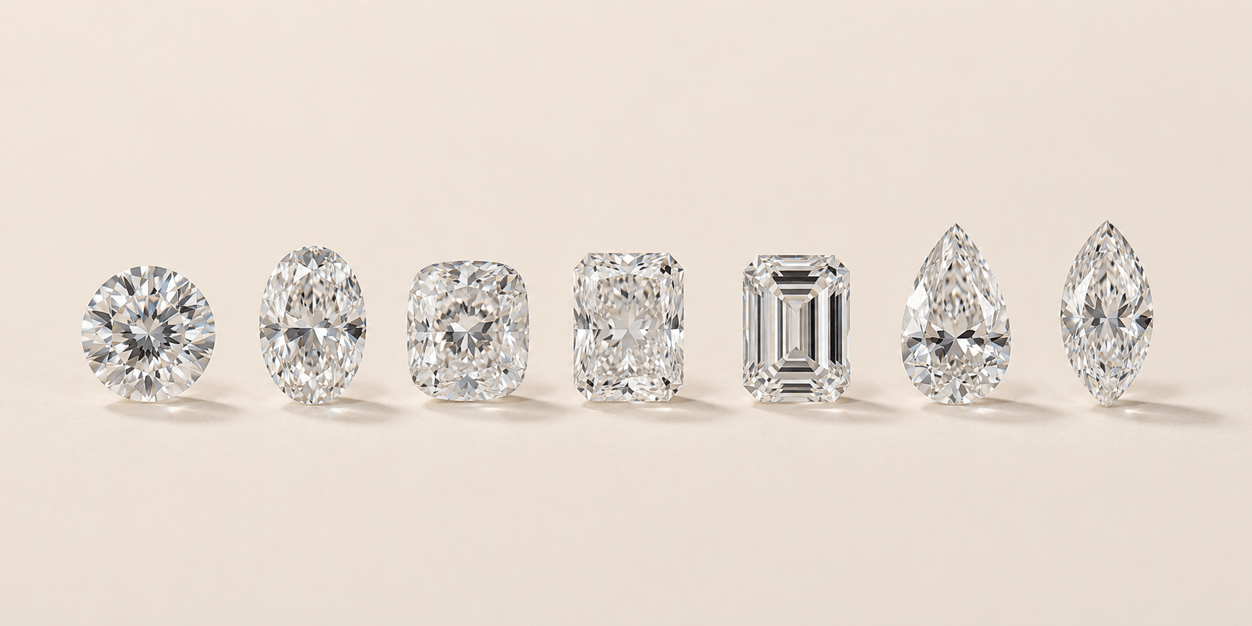 Comparison of popular diamond shapes including round, oval, cushion, radiant, emerald, pear, and marquise cuts at equal scale.