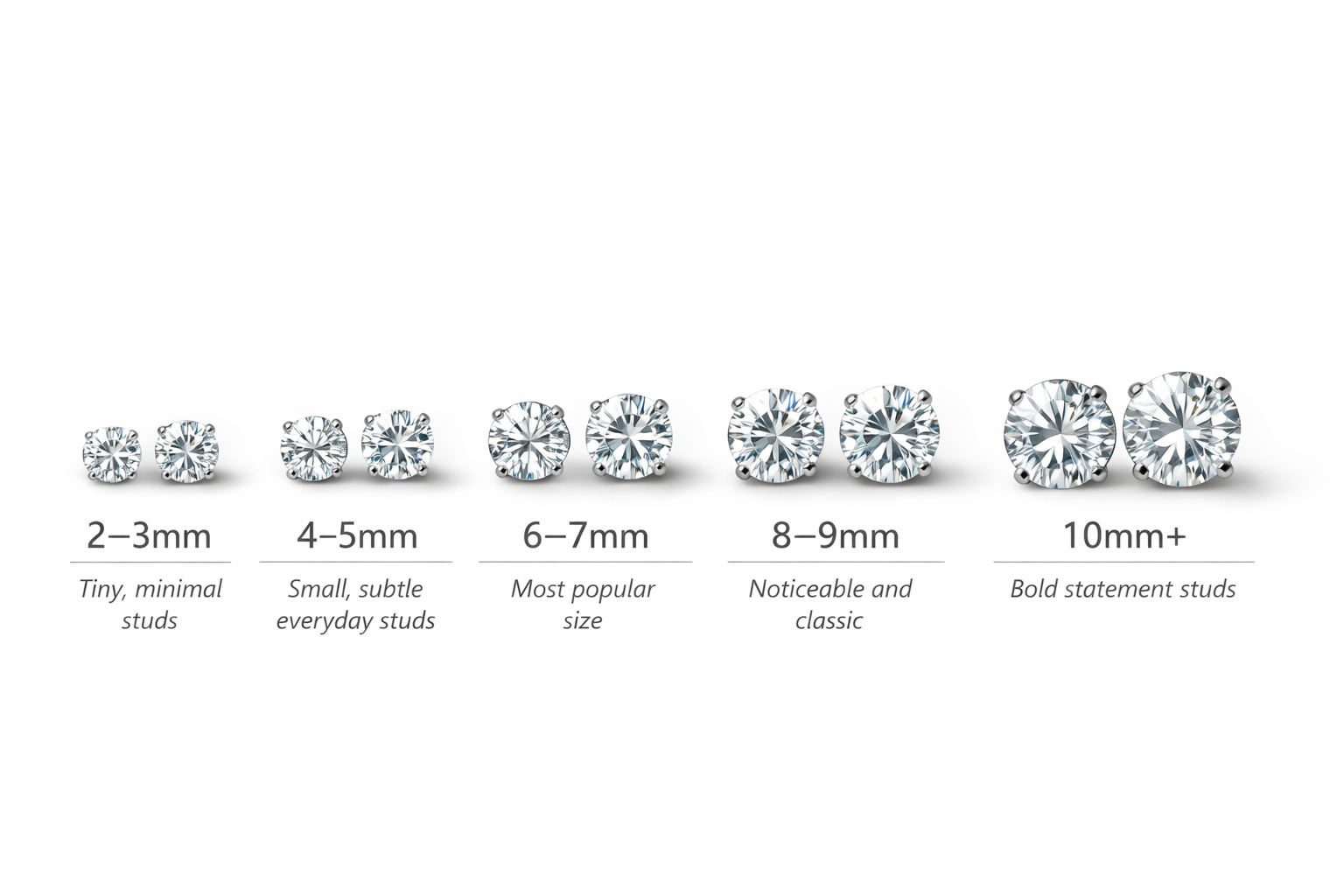 Diagram of diamond stud size comparison mm on a white background