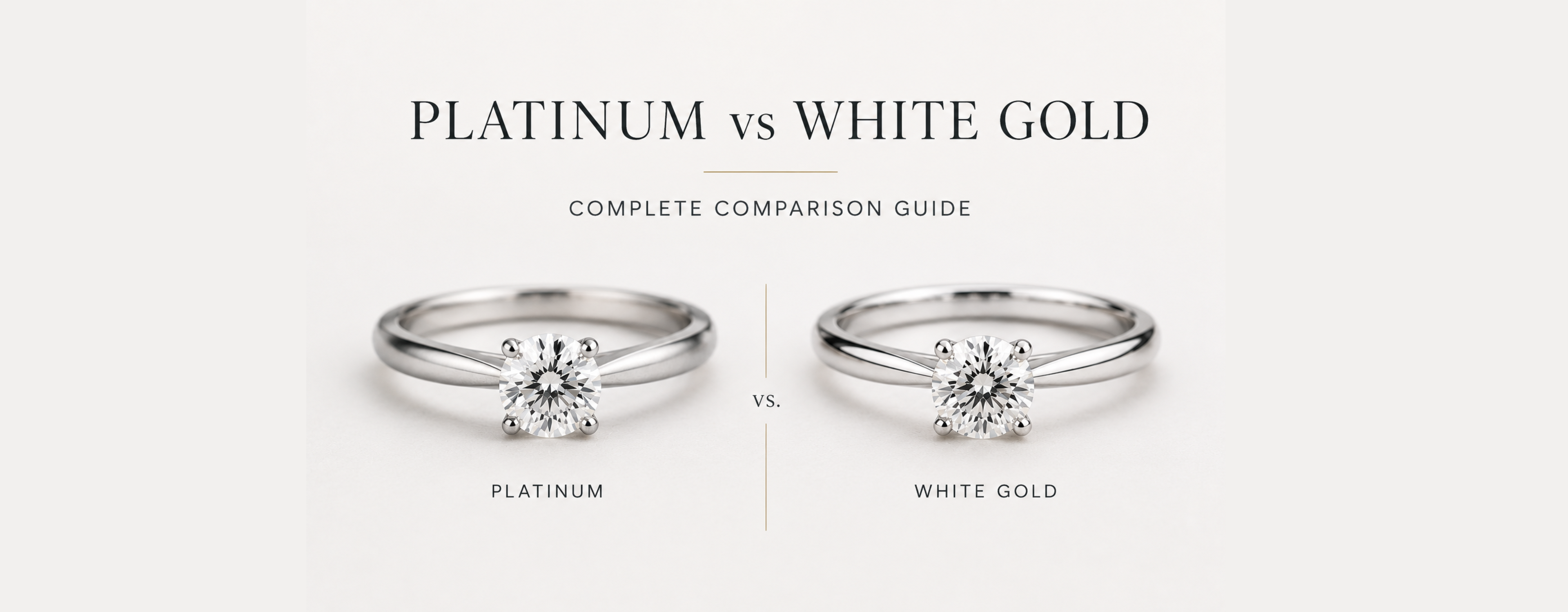 Two diamond rings, one platinum and one white gold, on a light gray background with text 'Platinum vs White Gold'.