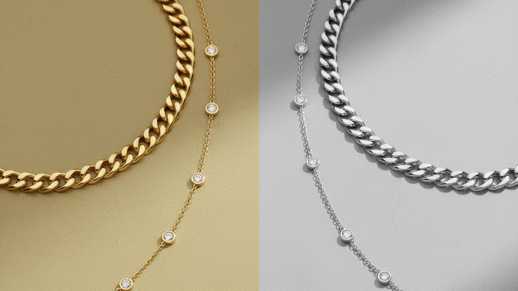 Gold and silver necklaces with small round pendants on a beige and gray background.