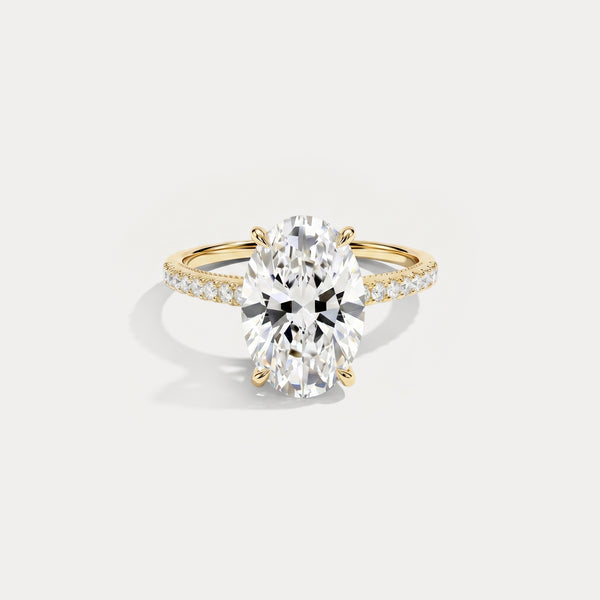 Melina丨3CT Oval Lab Diamond Engagement Ring with Cathedral Setting & Milgrain Pavé Band