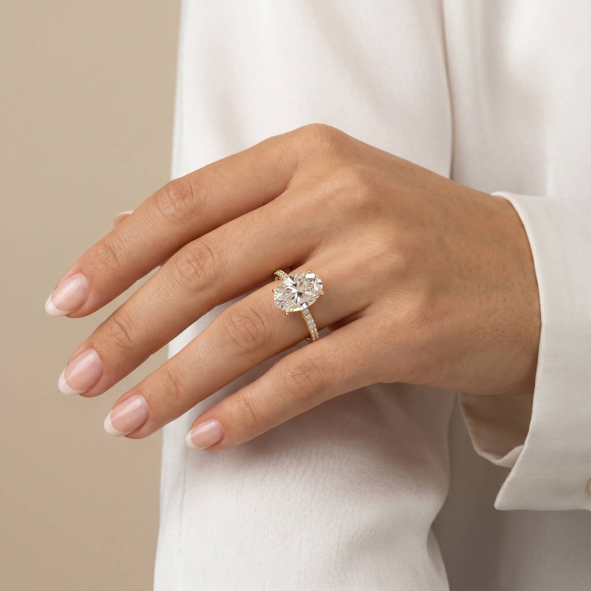 Melina丨3CT Oval Lab Diamond Engagement Ring with Cathedral Setting & Milgrain Pavé Band - Rings