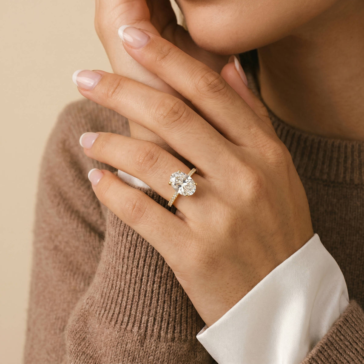 Melina丨3CT Oval Lab Diamond Engagement Ring with Cathedral Setting & Milgrain Pavé Band - Rings