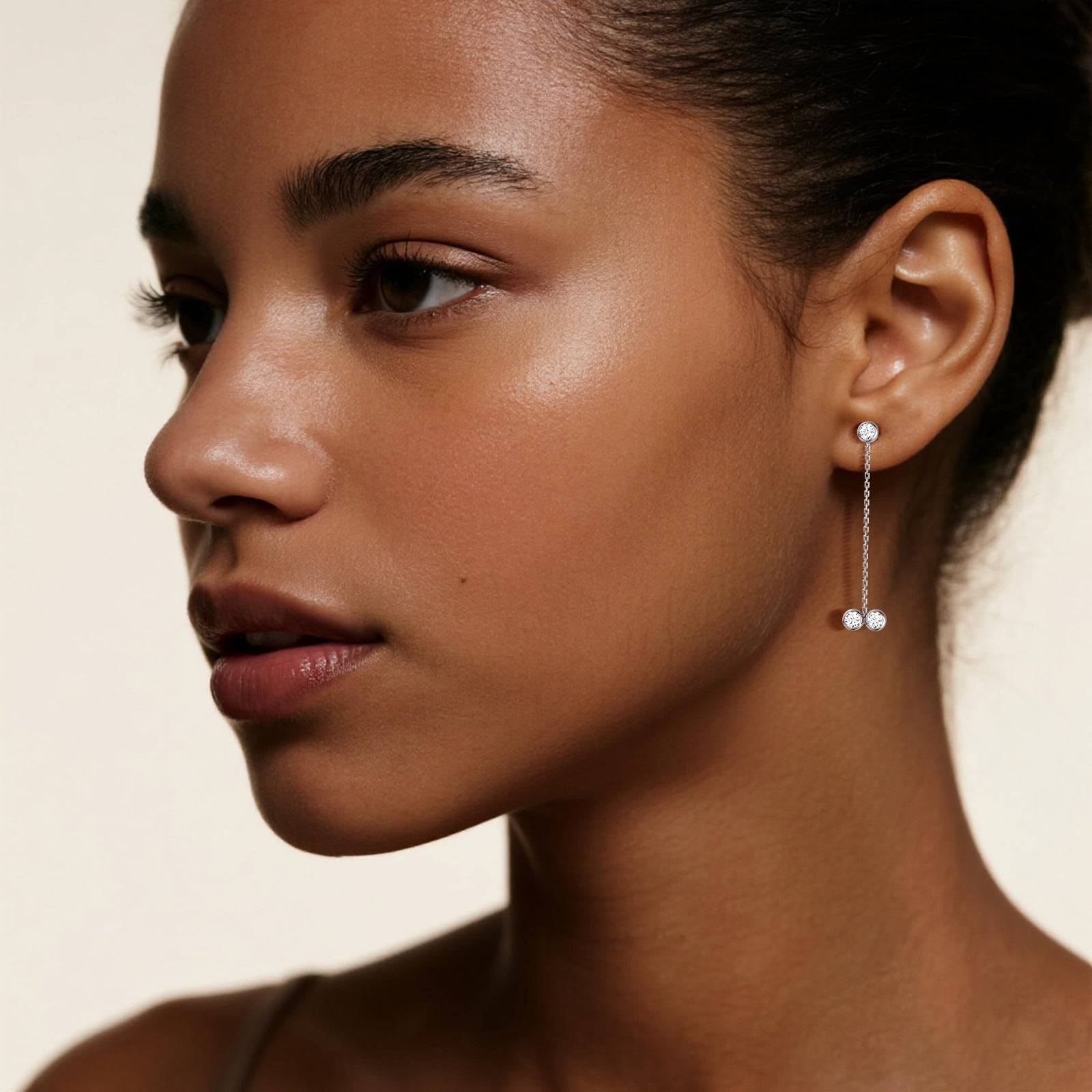 14K Solid Gold Chain Dangle Earring With Lab Diamond - 