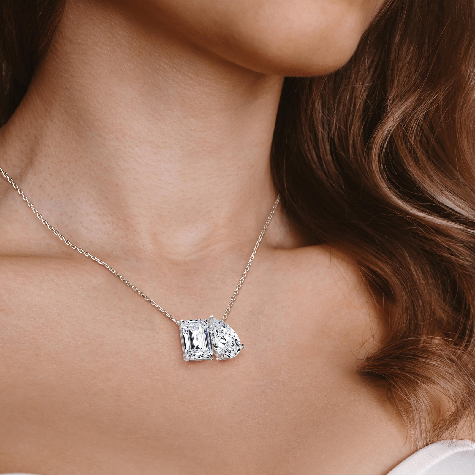 6CTW Emerald and Pear Cut Lab Diamond Toi et Moi Necklace - 