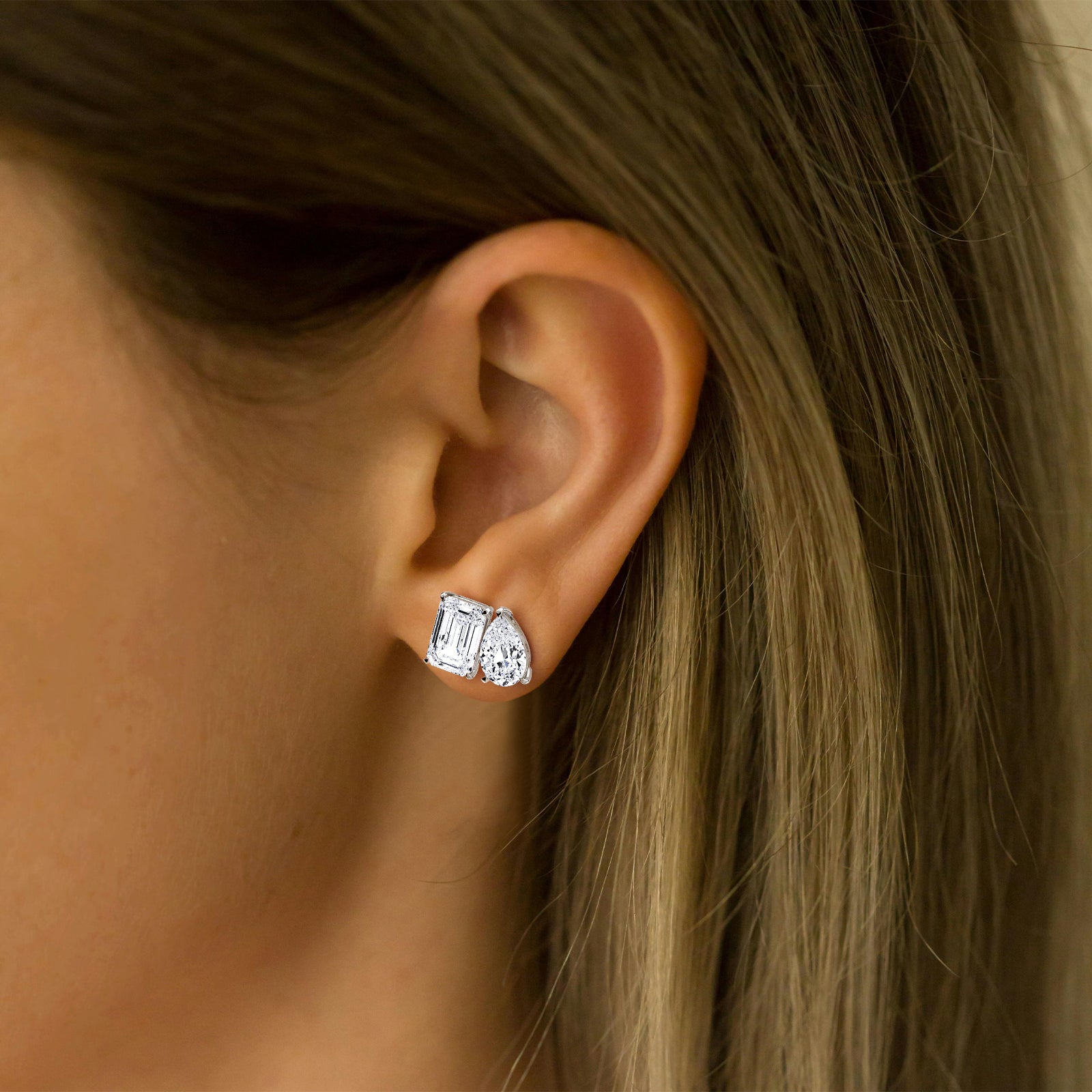 12CTW Lab Diamond Toi Et Moi Stud Earring In 14K Solid Gold/Platinum - 