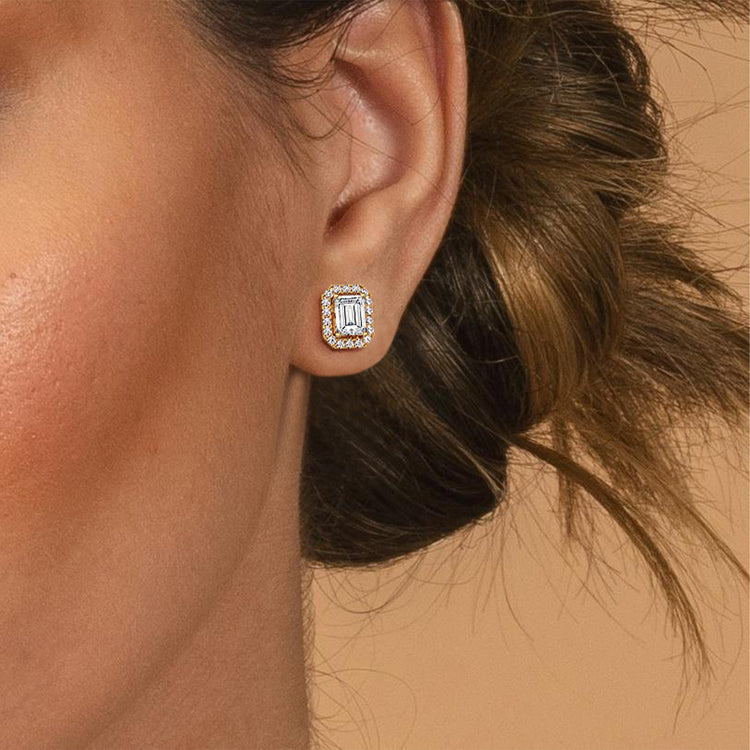 Halo Emerald Lab Diamond Earrings In 14K Solid Gold - Earrings