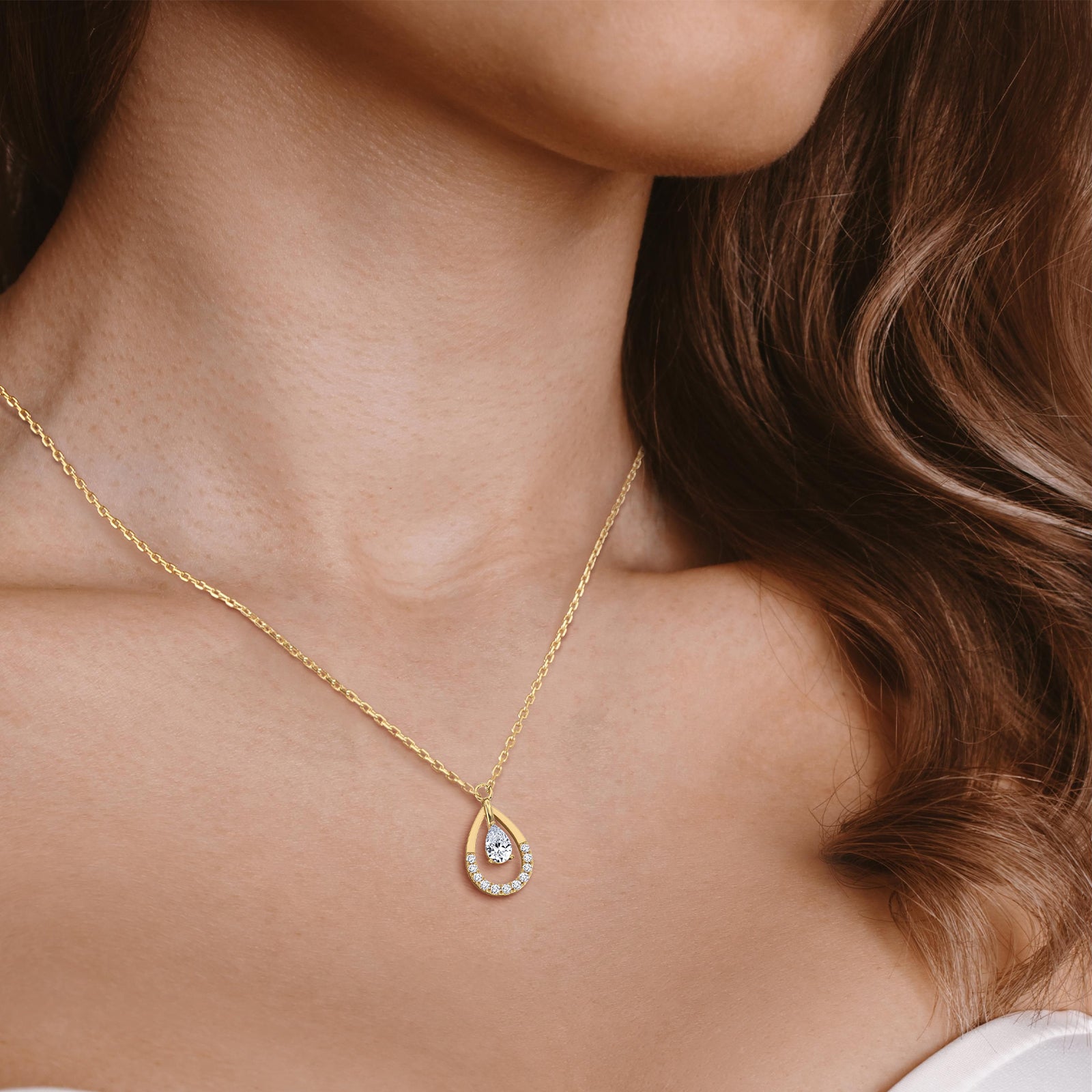 Teardrop Lab Diamond Pendant Necklace In 14K Solid Gold/Platinum - Necklaces