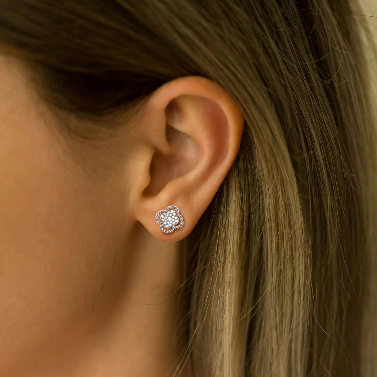 Lab Diamond Clover Strud Earrings In 14K Solid Gold/Platinum - 