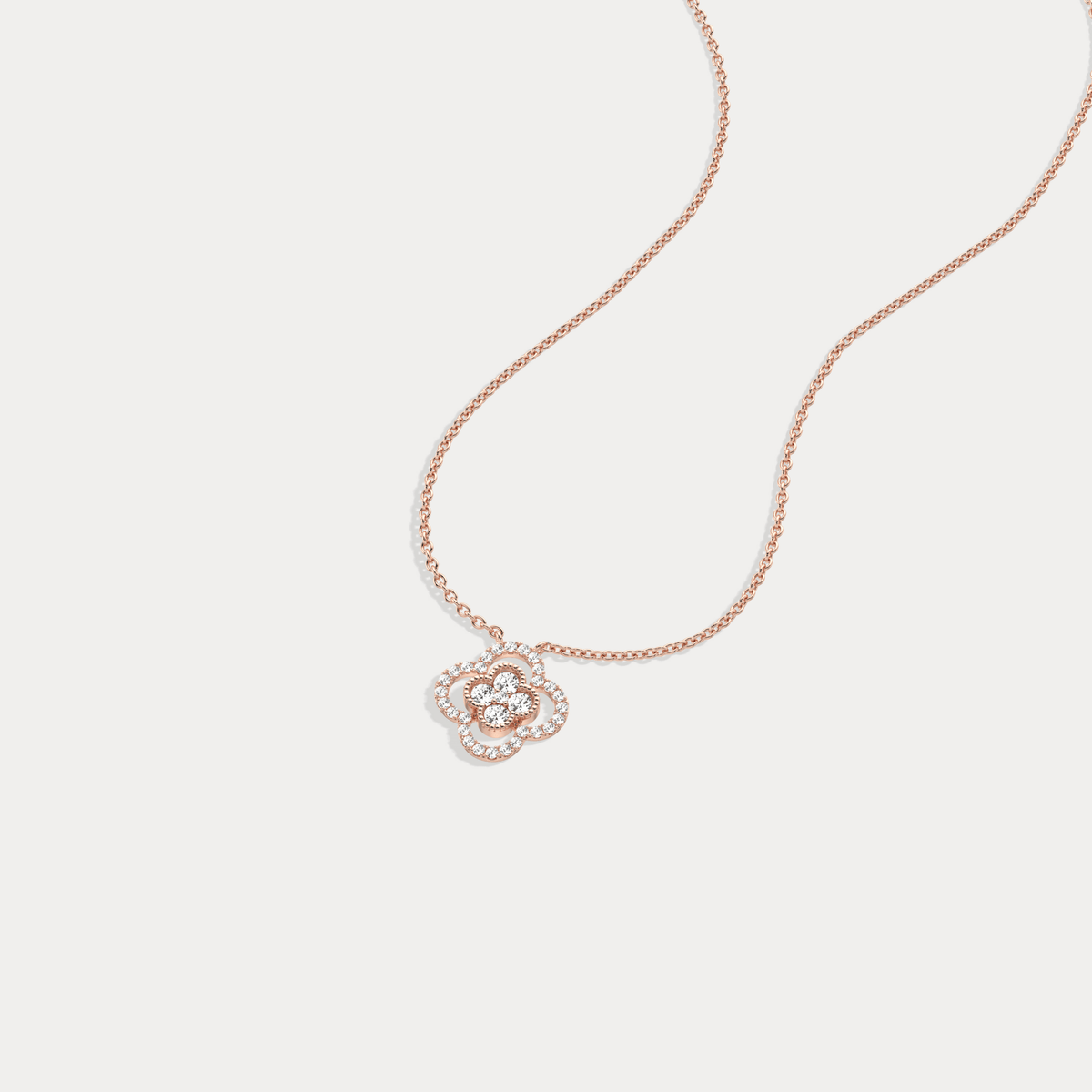 14K Gold Four Leaft Clover Pendant Necklace With Lab Dimaond - Necklaces