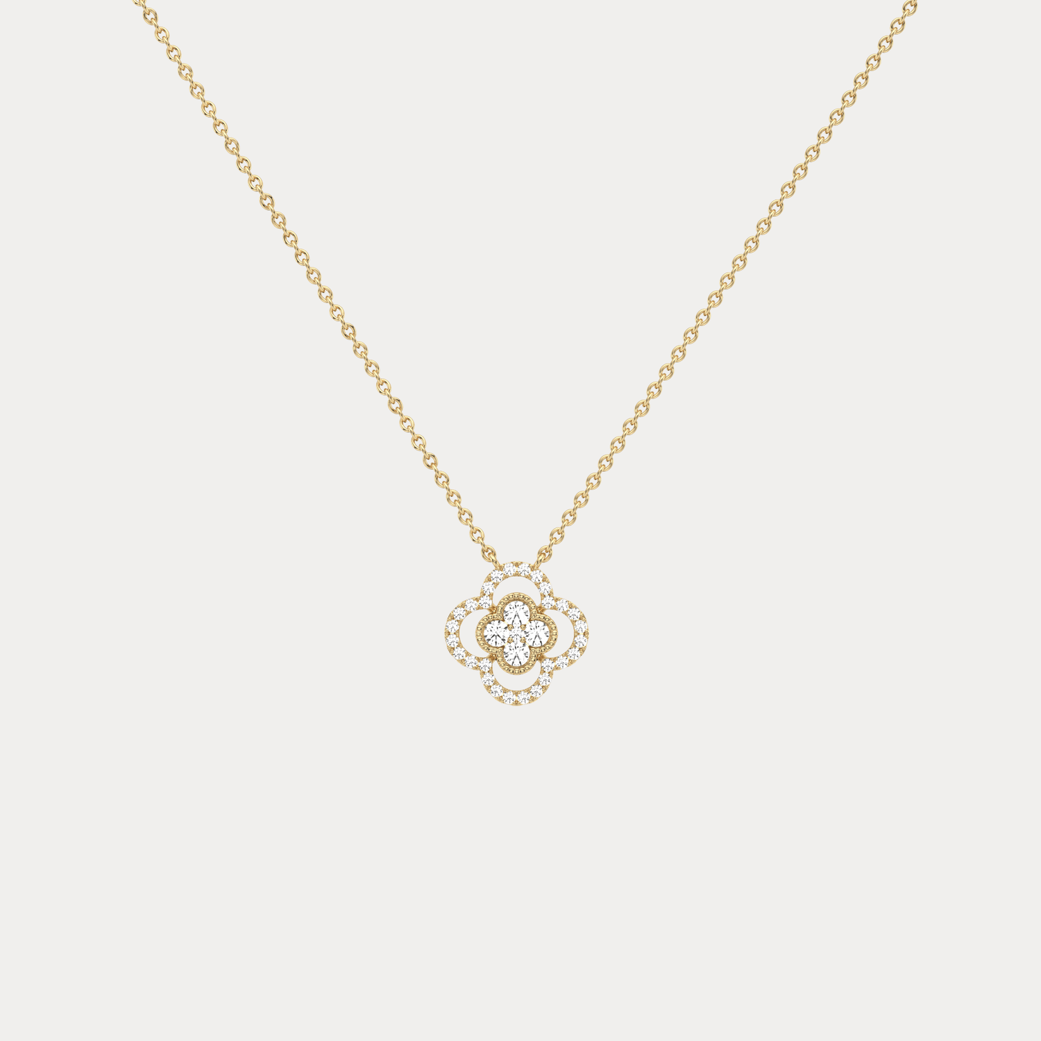 14K Gold Four Leaft Clover Pendant Necklace With Lab Dimaond - Necklaces