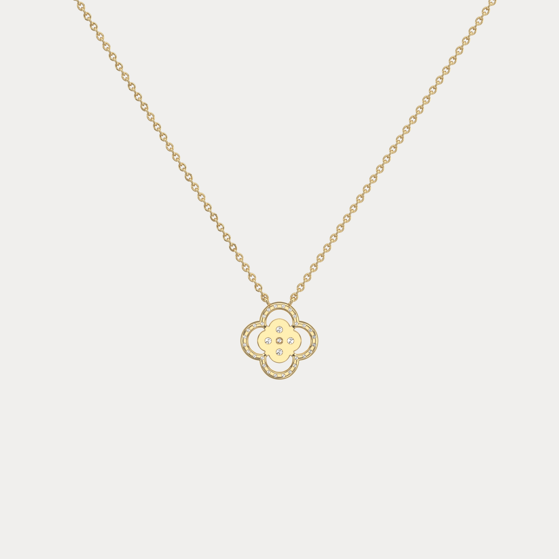 14K Gold Four Leaft Clover Pendant Necklace With Lab Dimaond - Necklaces
