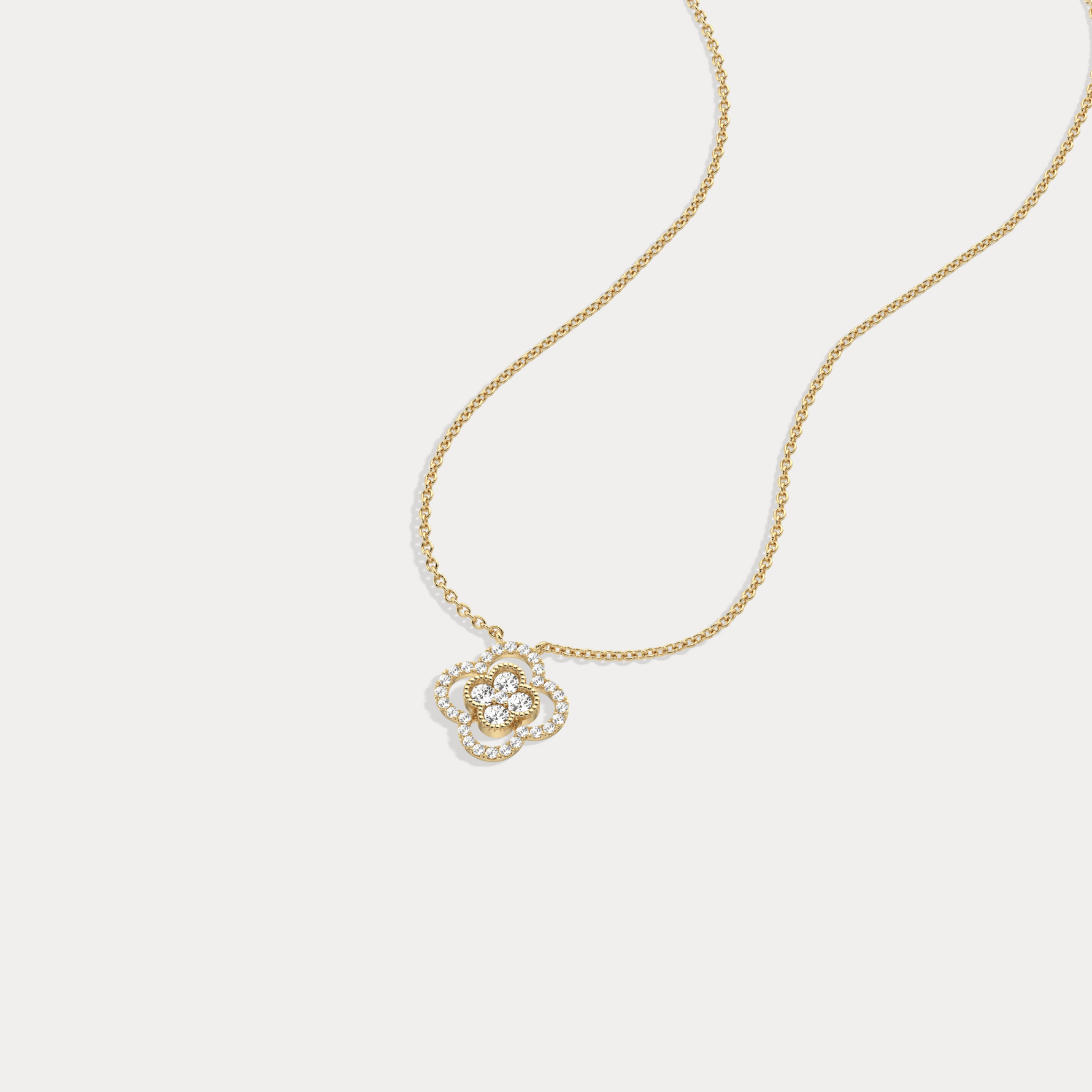 14K Gold Four Leaft Clover Pendant Necklace With Lab Dimaond - Necklaces