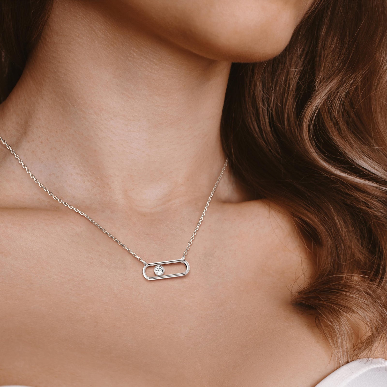 Minimalist Bezel Set Lab Grown Sliding Solitaire Bar Necklace in 14K Gold/Platinum - Necklaces