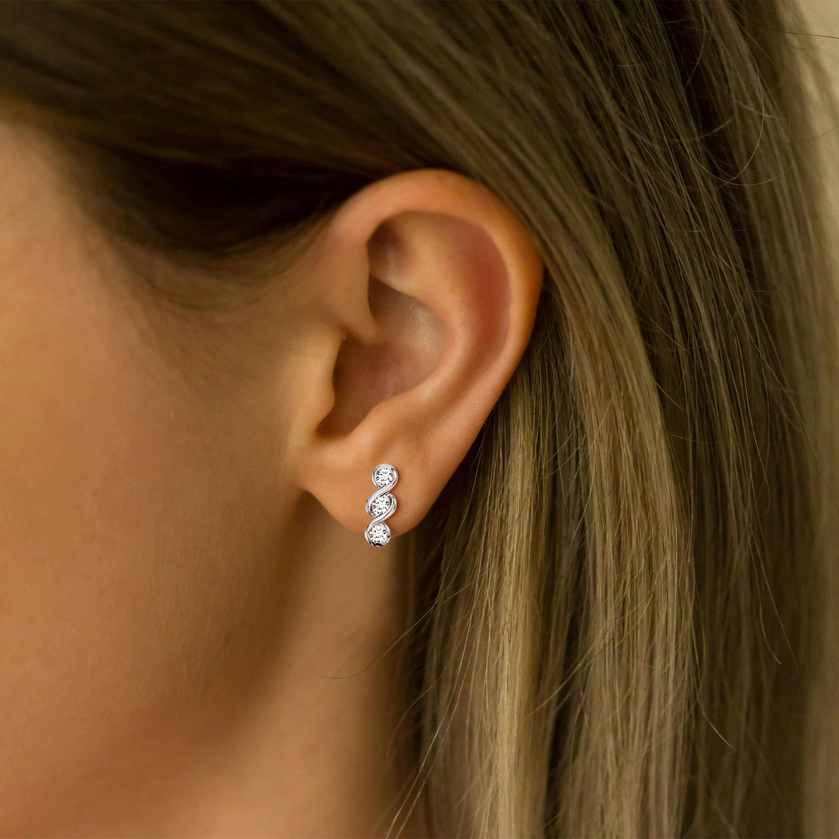 14K Gold/Platinum Bezel Set with Three Lab - Grown Diamonds Stud Earrings - Earrings