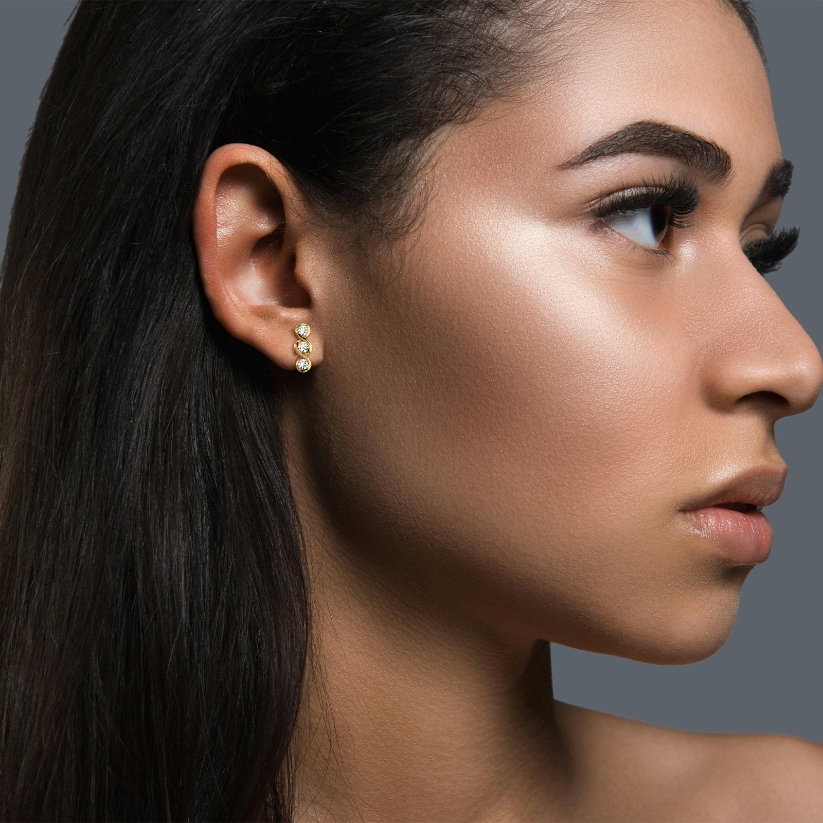 14K Gold/Platinum Bezel Set with Three Lab - Grown Diamonds Stud Earrings - Earrings