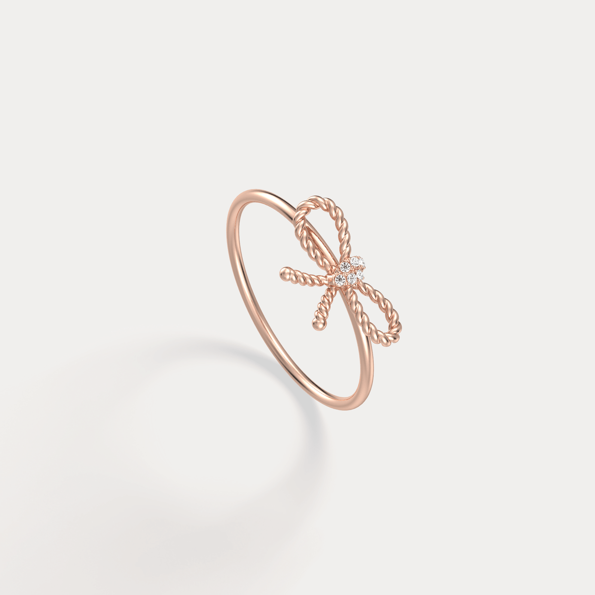 14K Solid Gold Beaded Bow Ring With Lab Diamond - Rings