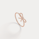 14K Solid Gold Beaded Bow Ring With Lab Diamond - Rings