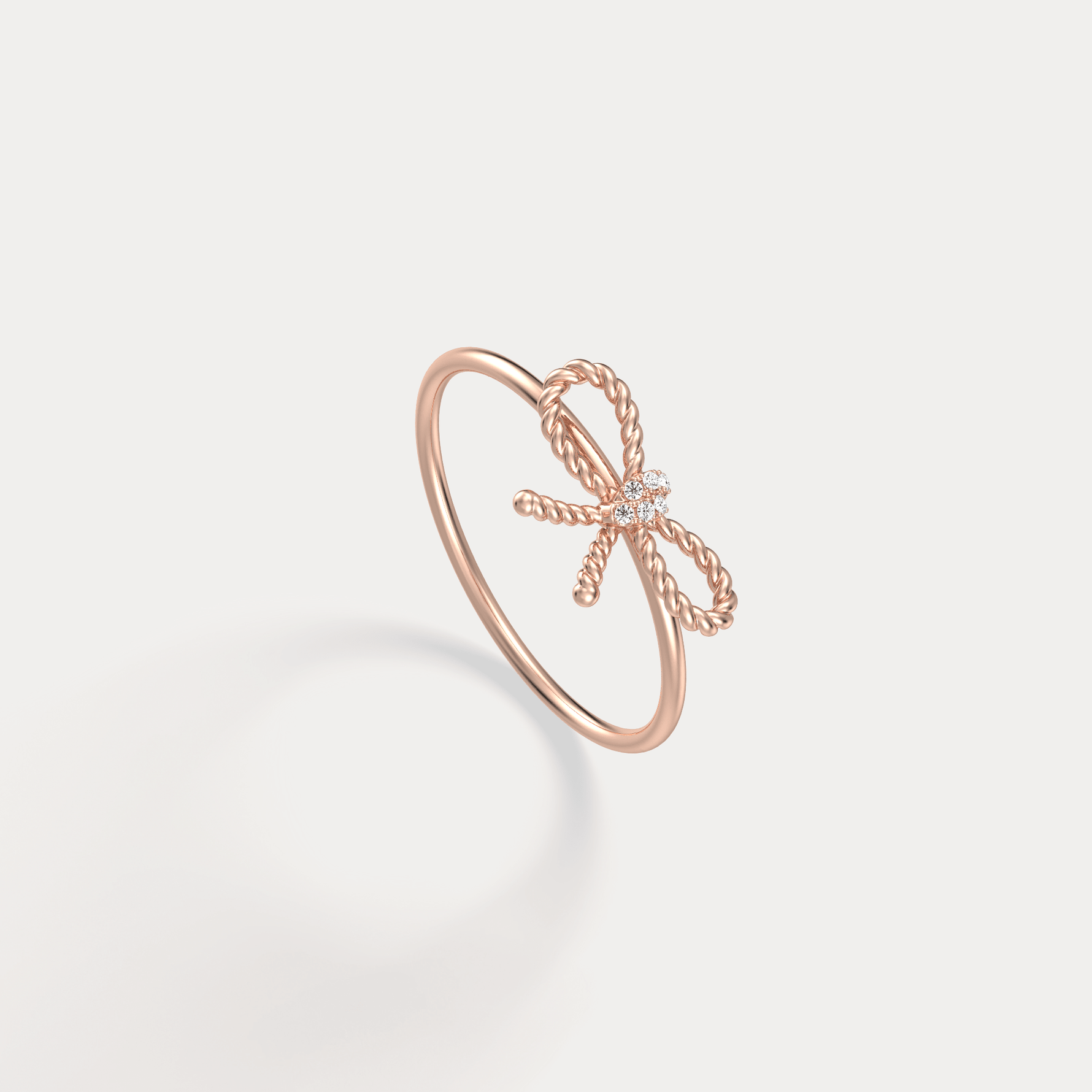 14K Solid Gold Beaded Bow Ring With Lab Diamond - Rings