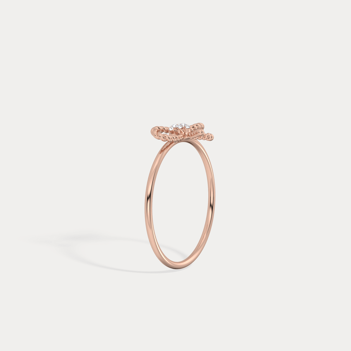 14K Solid Gold Beaded Bow Ring With Lab Diamond - Rings