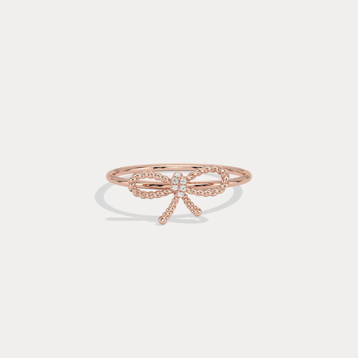 14K Solid Gold Beaded Bow Ring With Lab Diamond - Rings