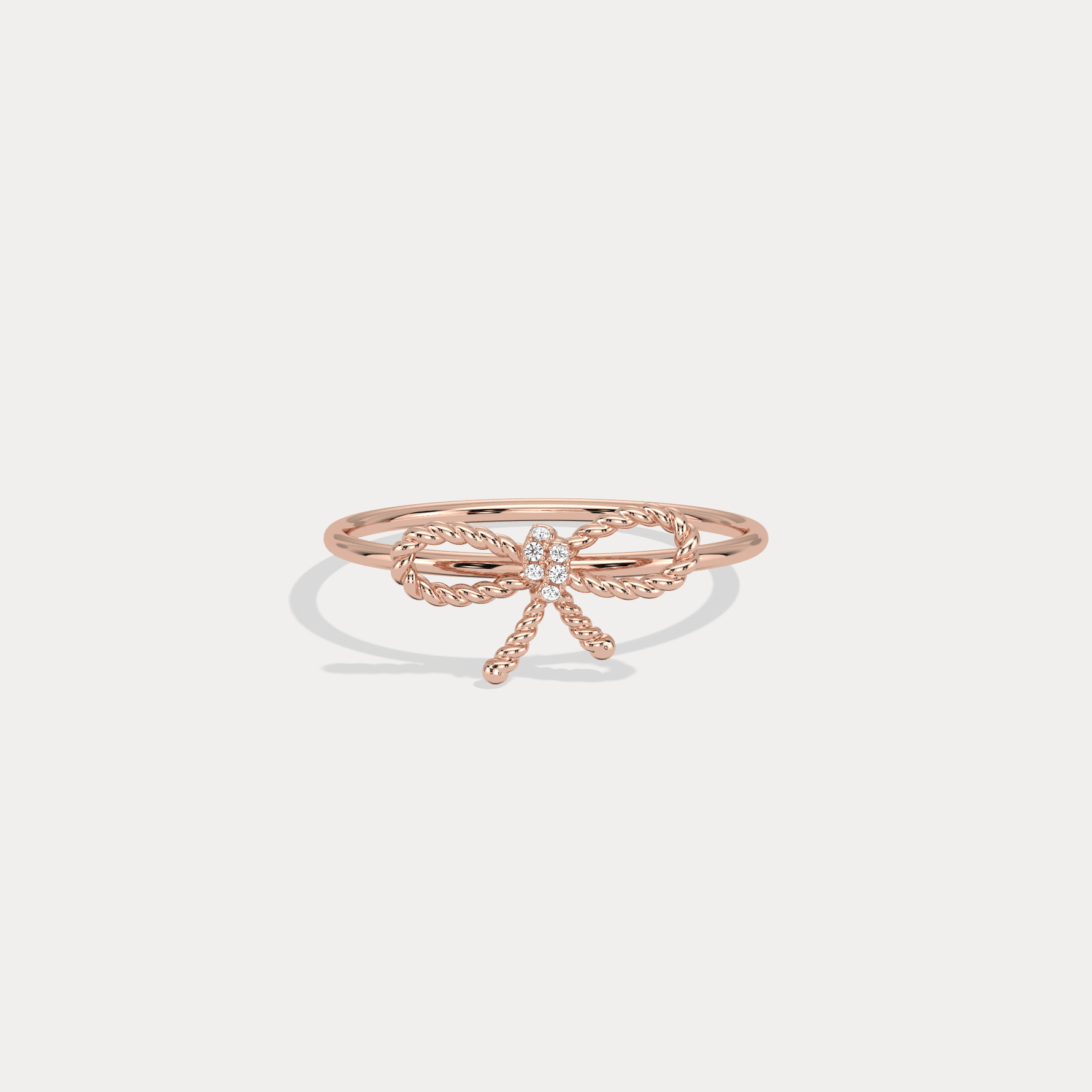 14K Solid Gold Beaded Bow Ring With Lab Diamond - Rings