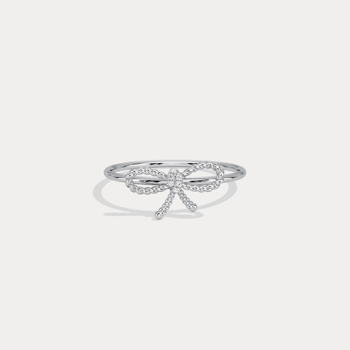 14K Solid Gold Beaded Bow Ring With Lab Diamond - Rings