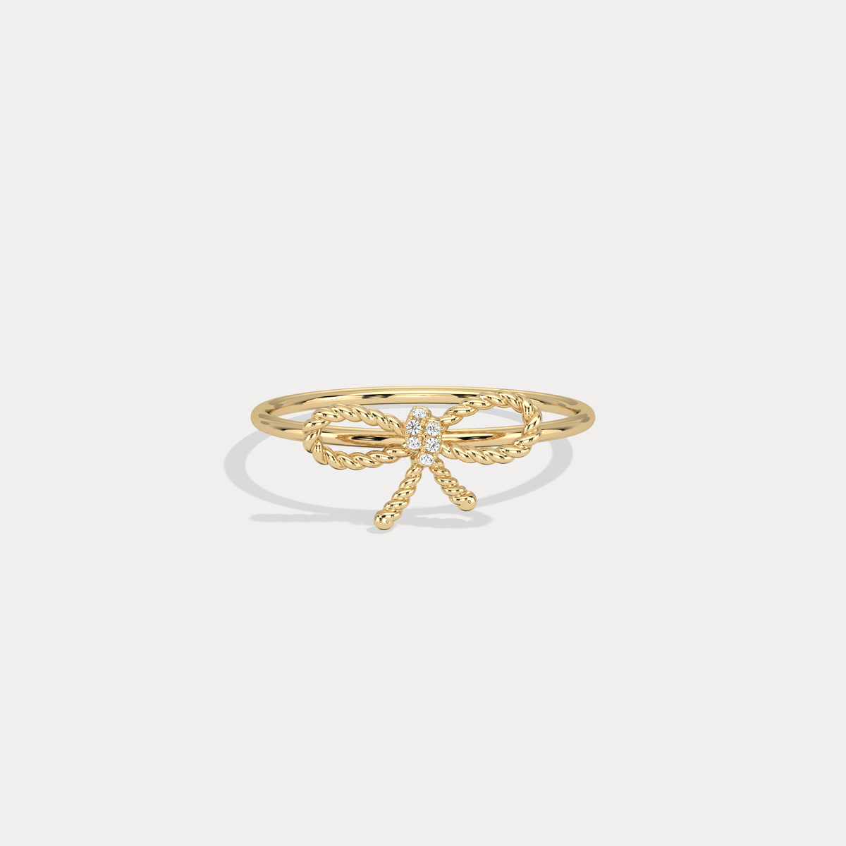 14K Solid Gold Beaded Bow Ring With Lab Diamond - Rings