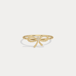 14K Solid Gold Beaded Bow Ring With Lab Diamond - Rings