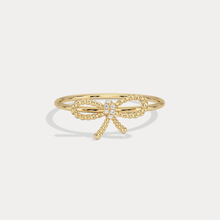 14K Solid Gold Beaded Bow Ring With Lab Diamond - Rings