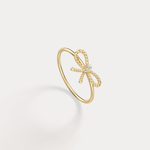 14K Solid Gold Beaded Bow Ring With Lab Diamond - Rings