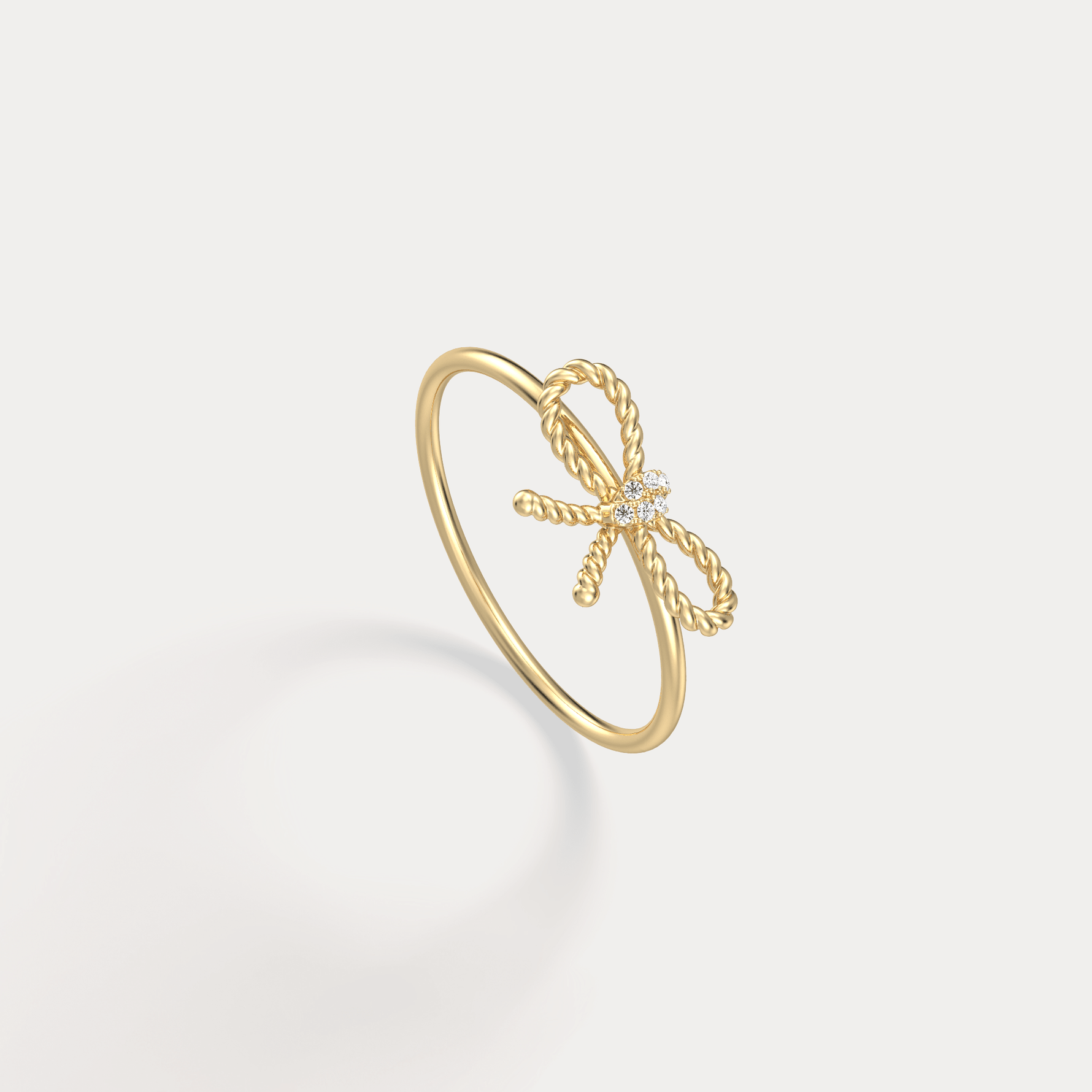 14K Solid Gold Beaded Bow Ring With Lab Diamond - Rings