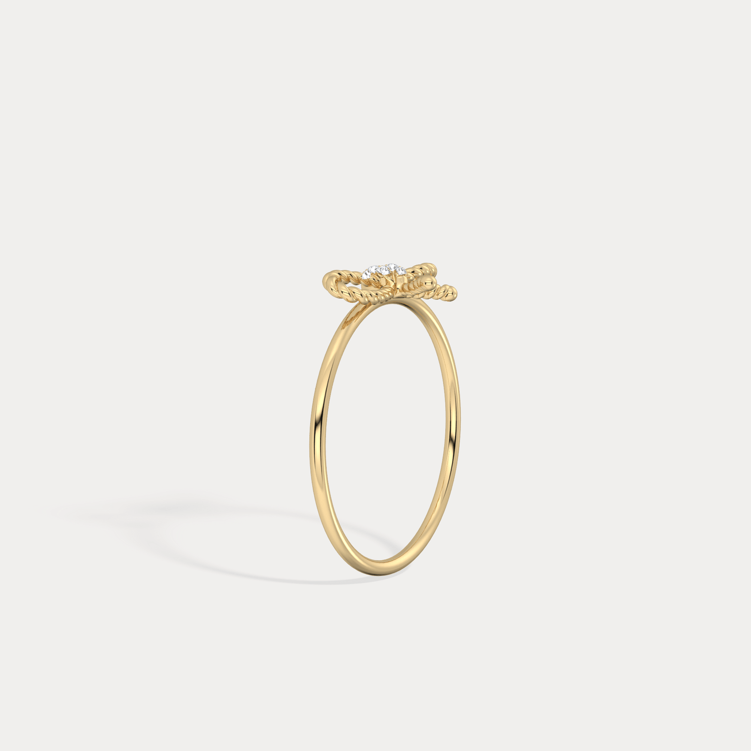 14K Solid Gold Beaded Bow Ring With Lab Diamond - Rings