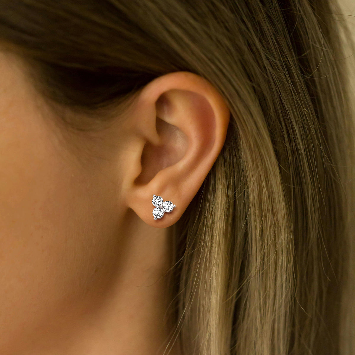 Lab Grown Diamond Three Stone Stud Earrings in 14K Gold/Platinum - Earrings