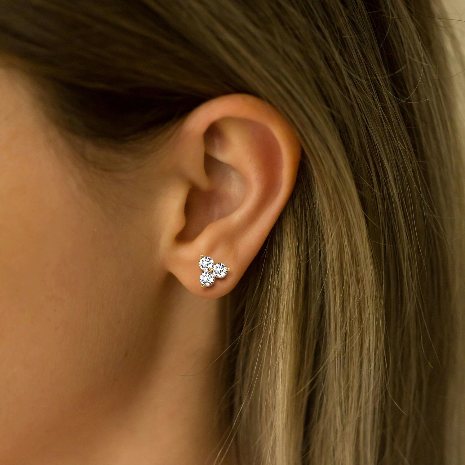 Lab Grown Diamond Three Stone Stud Earrings in 14K Gold/Platinum - Earrings