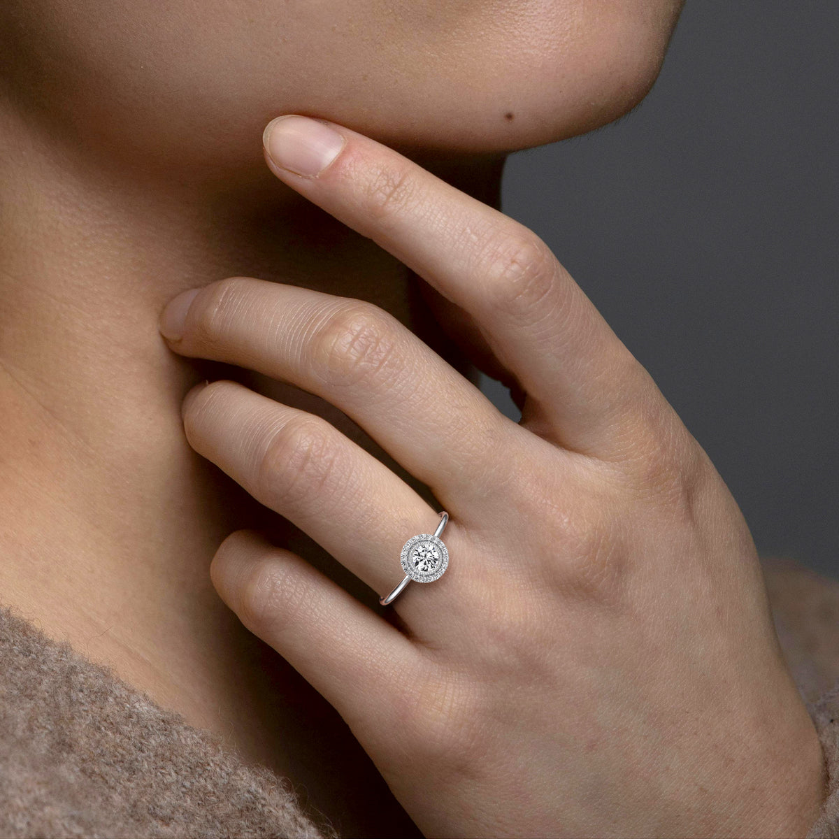 Round Lab Grown Diamond Halo Promise Ring In 14K Solid Gold/Platinum - Rings
