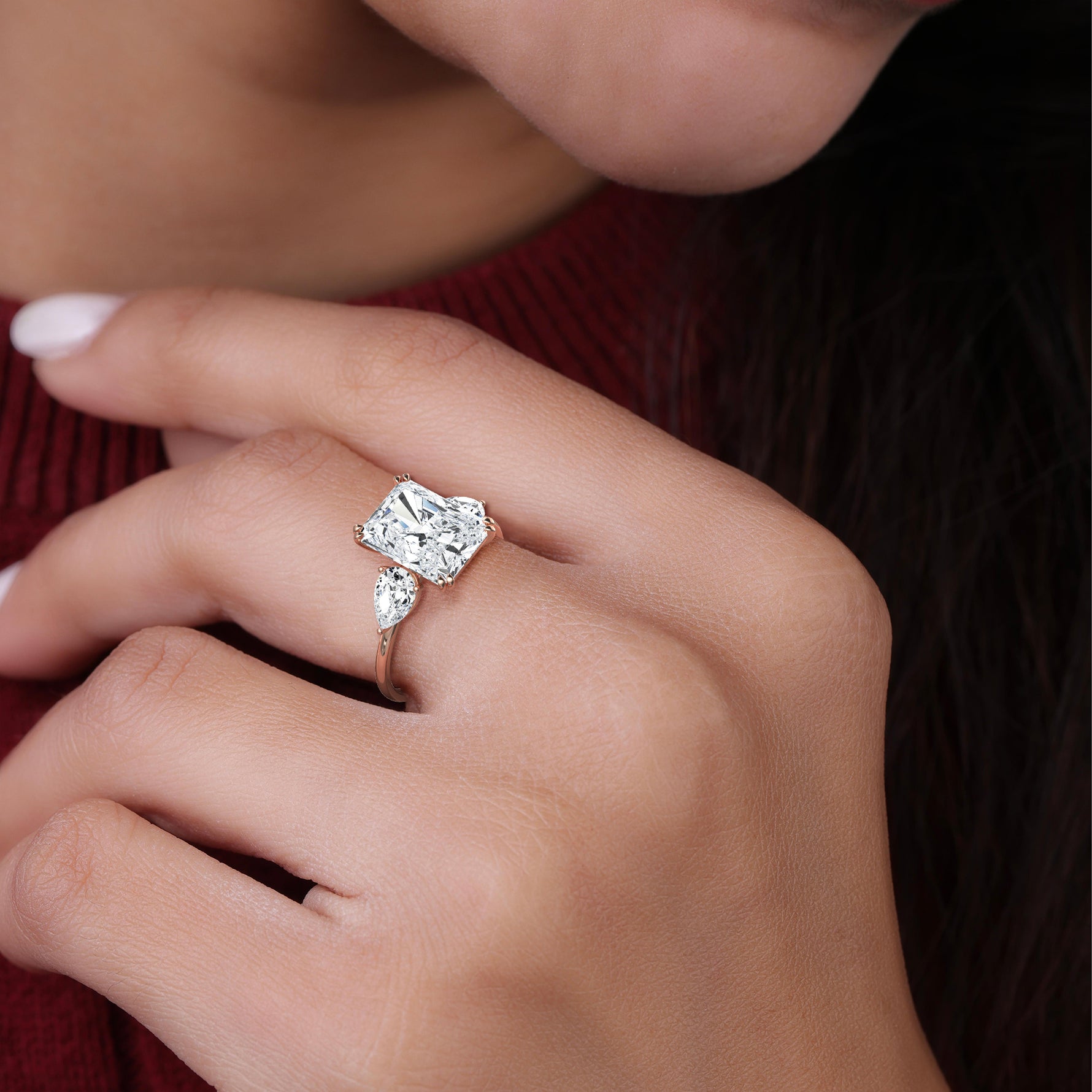 3CT Radiant Cut Lab Diamond Three Stone Engagement Ring In 14K Solid Gold/Platinum - Rings