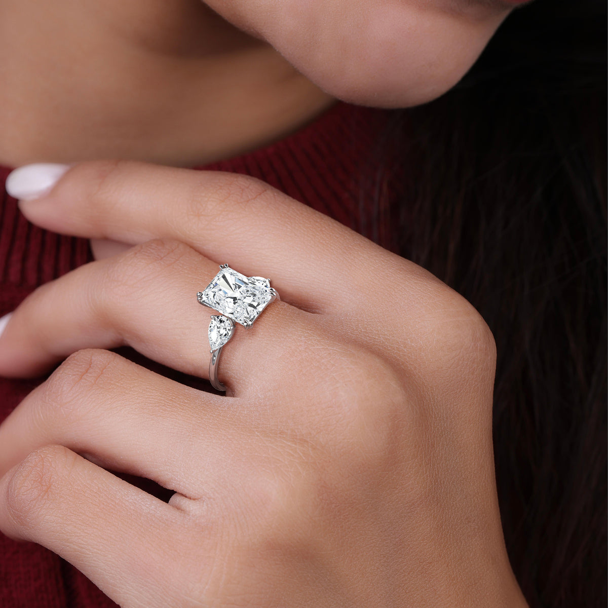 3CT Radiant Cut Lab Diamond Three Stone Engagement Ring In 14K Solid Gold/Platinum - Rings