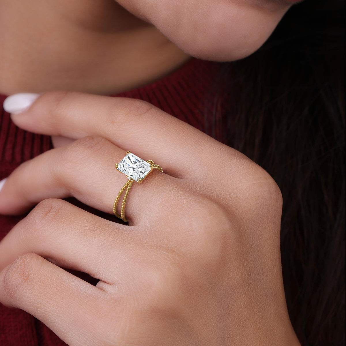 2CT Radiant Cut Lab Diamond Milgrain Hidden Halo Engagement Ring - Rings