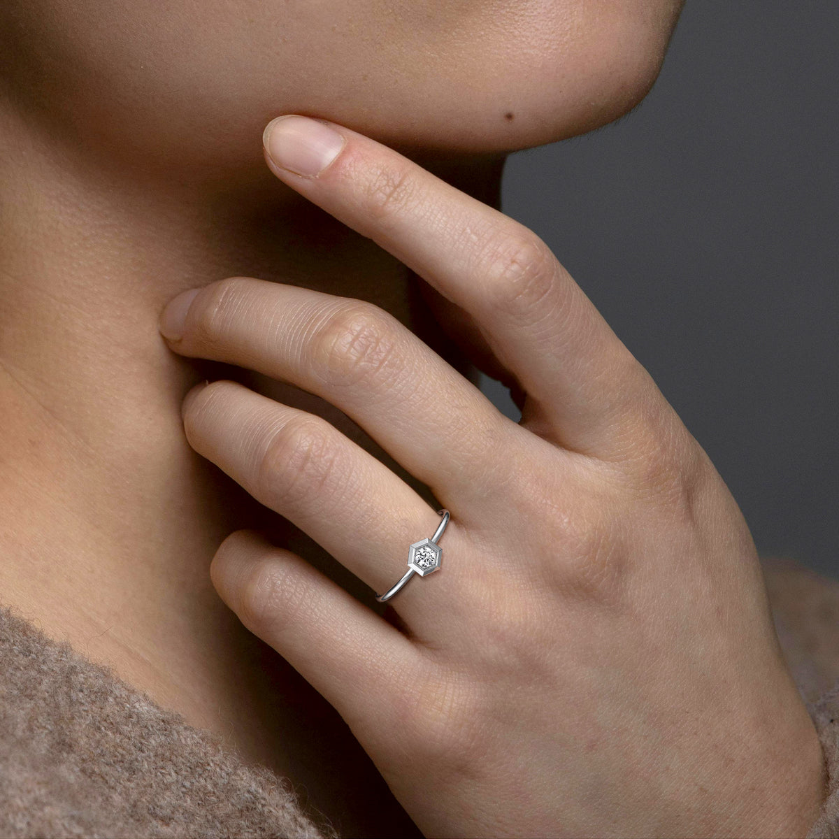 Hexagon Lab Grown Diamond Fashion Ring in 14K Solid Gold/Platinum - Rings