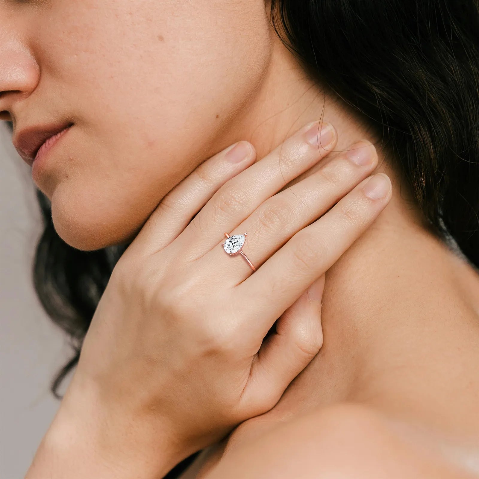 Hidden Halo 1CT Pear Lab Diamond Ring with Basket Setting - Rings