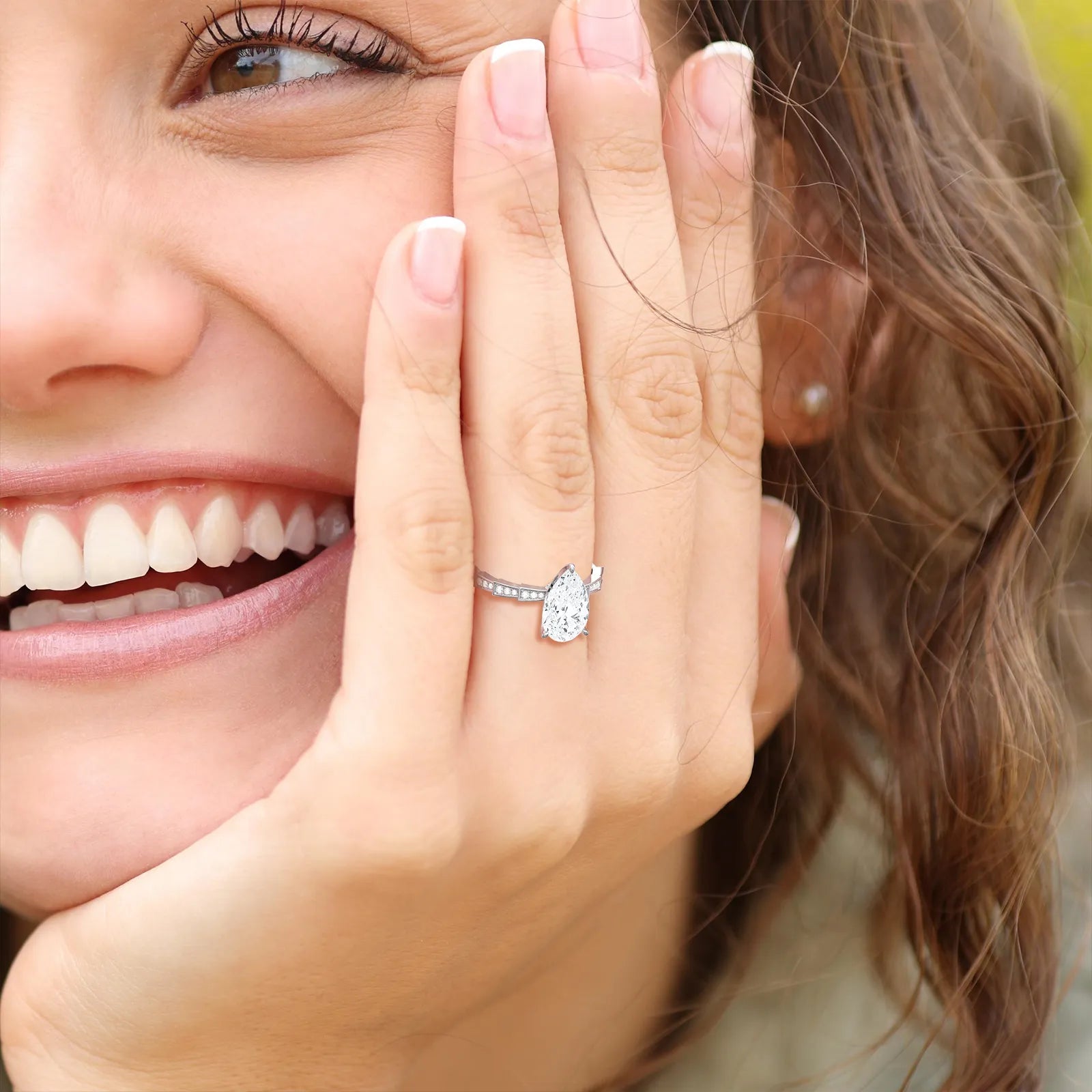 2CT Pear Cut Lab Diamond Hidden Halo Ring - Modern Style - Rings