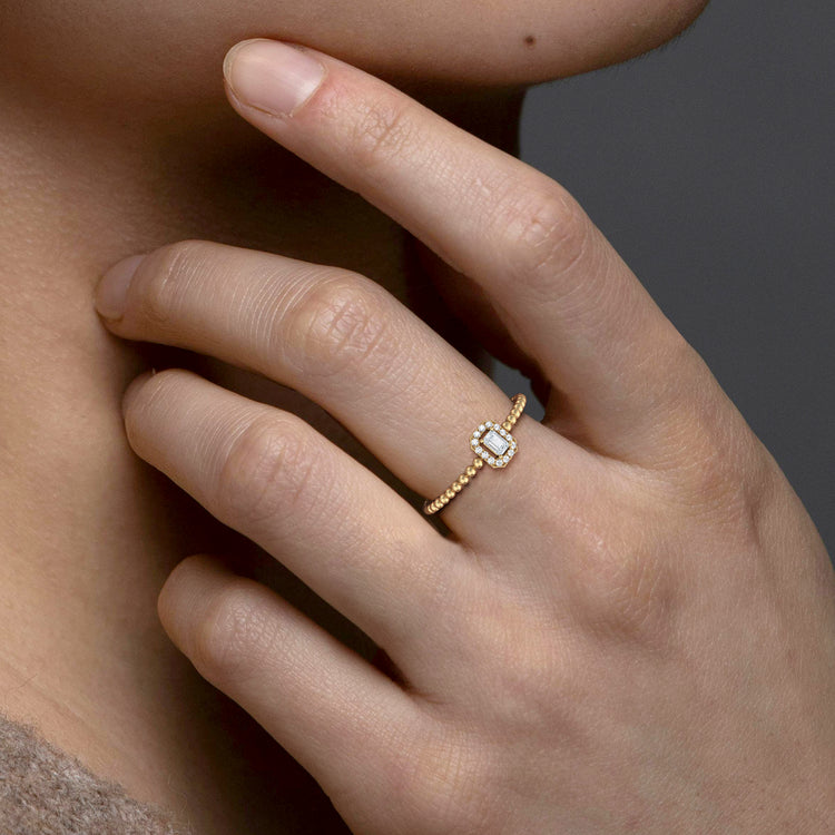 Beaded Emerald Cut Lab Diamond Ring In 14K Solid Gold/Platinum - Rings